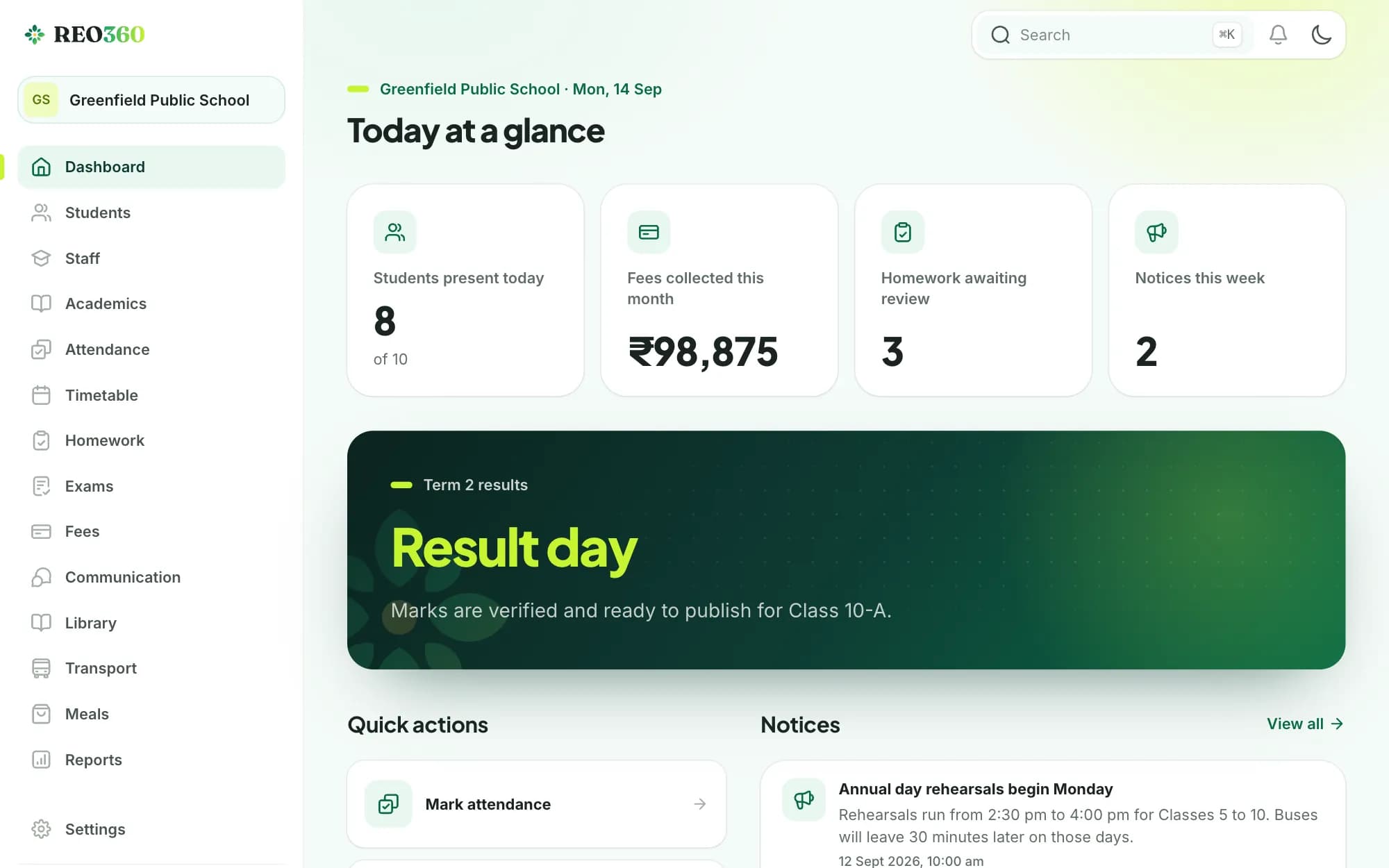 The REO360 school dashboard showing attendance, fees collected, homework awaiting review and notices